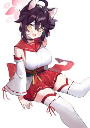 Rule 34 | 1girl, ahoge, animal ears, black hair, blue archive, blush, breasts, commentary, detached sleeves, hair between eyes, hair bun, hakama, hakama skirt, halo, highres, japanese clothes, kaede (blue archive), large breasts, looking at viewer, open mouth, red hakama, red sailor collar, revision, ribbon-trimmed sleeves, ribbon trim, sailor collar, signature, simple background, single side bun, skirt, solo, symbol-only commentary, thighhighs, white thighhighs, wide sleeves, wumumu, yellow eyes
