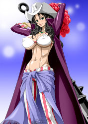 Rule 34 | 1girl, abs, alvida (one piece), arms up, bikini, bikini top only, black hair, blush, breasts, cape, capri pants, cleavage, closed mouth, clothes around waist, club, club (weapon), covered erect nipples, female focus, game cg, gradient background, green eyes, hat, highres, holding, holding weapon, jewelry, large breasts, legs, lips, lipstick, long hair, looking at viewer, mace, makeup, navel, necklace, nel-zel formula, one piece, pants, purple cape, red lips, shiny skin, simple background, smile, solo, spiked club, standing, striped clothes, striped pants, sun hat, swimsuit, thighs, toned, underboob, vertical stripes, weapon, white bikini, white hat