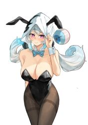 Rule 34 | 1girl, absurdres, ai-bon, animal ears, azur lane, bare shoulders, black leotard, black pantyhose, blue bow, blue bowtie, blue hair, blush, bow, bowtie, breasts, cleavage, closed mouth, collar, collarbone, commission, covered navel, detached collar, embarrassed, enforcer iii harvest (azur lane), fake animal ears, gradient hair, hand up, highres, large breasts, leotard, long hair, looking at viewer, low twintails, multicolored hair, pantyhose, playboy bunny, purple eyes, rabbit ears, second-party source, simple background, siren (azur lane), solo, twintails, white background, white collar, white hair, white hood, wrist cuffs