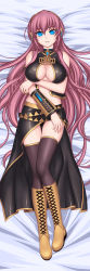 Rule 34 | 1girl, absurdres, bed, bed sheet, blue eyes, blush, boots, breasts, cleavage, dakimakura (medium), empty eyes, from above, full body, headphones, highres, kiazee, large breasts, long hair, long image, looking at viewer, lying, megurine luka, on back, on bed, purple hair, solo, tall image, thighhighs, very long hair, vocaloid