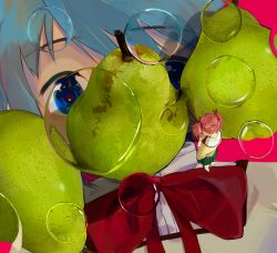 Rule 34 | 2girls, absurdres, black skirt, blue eyes, blue hair, bow, bowtie, brown footwear, commentary, food, from above, fruit, hair ribbon, high collar, highres, juliet sleeves, kaname madoka, loafers, long sleeves, mahou shoujo madoka magica, mahou shoujo madoka magica (anime), mihifu, miki sayaka, mini person, minigirl, mitakihara school uniform, multiple girls, pear, pink background, pink hair, pleated skirt, puffy sleeves, red bow, red ribbon, ribbon, school uniform, shoes, short hair, short twintails, simple background, skirt, thighhighs, twintails, water drop, white thighhighs