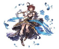 Rule 34 | 10s, 1girl, blue eyes, boots, bow, dress, feathers, flute, frills, full body, granblue fantasy, hair ornament, instrument, knee boots, looking away, minaba hideo, musical note, official art, one eye closed, pamela (granblue fantasy), red hair, ribbon, short hair, sleeveless, smile, solo, transparent background, wrist cuffs