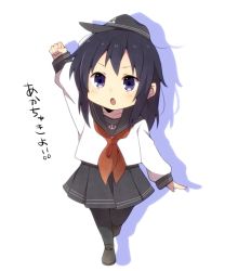 Rule 34 | 10s, 1girl, aged down, akatsuki (kancolle), anchor hair ornament, anchor symbol, bad id, bad pixiv id, black hair, black pantyhose, chibi, clenched hand, hair ornament, hat, kantai collection, long hair, open mouth, pantyhose, pleated skirt, purple eyes, raised fist, school uniform, serafuku, simple background, skirt, solo, translation request, walking, white background, yukichi (eikichi)