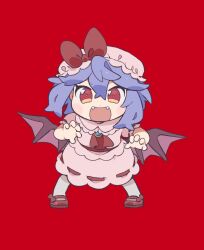 Rule 34 | 1girl, :d, ascot, bat wings, blue hair, bow, brooch, citrus (place), claw pose, commentary request, dress, fangs, full body, gao, hat, hat bow, jewelry, leaning forward, legs apart, looking at viewer, medium hair, mob cap, open mouth, pink dress, red ascot, red background, red bow, red eyes, remilia scarlet, smile, solo, standing, touhou, v-shaped eyebrows, wings