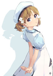 Rule 34 | 1girl, :o, arms behind back, blue eyes, blue shirt, brown hair, commentary, dress, flat chest, flower, hair flower, hair ornament, hat, highres, idolmaster, idolmaster million live!, idolmaster million live! theater days, light blush, looking at viewer, medium hair, official alternate costume, official alternate hairstyle, outline, parted lips, puffy short sleeves, puffy sleeves, shadow, shirt, short sleeves, short twintails, signature, solo, summer uniform series (idolmaster), suou momoko, twintails, white background, white dress, white hat, yoshito