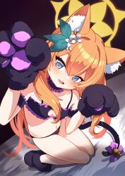 Rule 34 | 1girl, absurdres, animal ear fluff, animal ears, animal hands, arm garter, bandeau, bare shoulders, bed sheet, bell, bikini, black bikini, black bra, blue archive, blue eyes, blush, bra, breasts, carrot (jetcarrot), cat tail, choker, cleavage cutout, clothing cutout, flower, frilled bra, frilled choker, frills, gloves, hair flower, hair ornament, halo, hands up, head tilt, heart, heart-shaped pupils, highres, kneeling, long hair, looking at viewer, mari (blue archive), navel, open mouth, orange hair, paw gloves, paw shoes, small breasts, smile, solo, swimsuit, symbol-shaped pupils, tail, tail bell, tail ornament, underwear