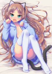 Rule 34 | 1girl, animal ears, bed, bed sheet, borrowed character, brown hair, cat ears, cat tail, coat, collarbone, fake animal ears, fang, green eyes, hairband, highres, hood, hoodie, konkito, long hair, looking at viewer, lying, minazuki sarami, naked coat, naked hoodie, no shoes, on back, open clothes, open mouth, original, paw pose, solo, tail, thighhighs, very long hair, white thighhighs