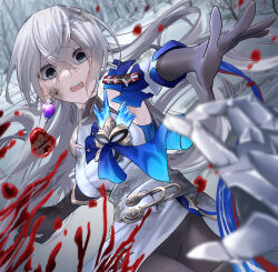 Rule 34 | 1girl, 1other, bare shoulders, black gloves, black pantyhose, blood, blood on face, blood splatter, breasts, bronya rand, commentary request, cowboy shot, crossed bangs, dirty, dress, earrings, gauntlets, gloves, grey eyes, grey hair, hair between eyes, highres, honkai: star rail, honkai (series), jewelry, long hair, looking at another, medium breasts, nagonako, open mouth, outdoors, pantyhose, partially shaded face, reaching towards another, silvermane guard (honkai: star rail), single gauntlet, snow, solo focus, white dress, winter