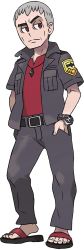 Rule 34 | 1boy, belt, closed mouth, creatures (company), eyeshadow, flip-flops, full body, game freak, grey hair, half-closed eyes, hand in pocket, highres, island kahuna, jacket, jewelry, makeup, male focus, nanu (pokemon), necklace, nintendo, official art, open clothes, open jacket, pants, pokemon, pokemon sm, red eyes, red shirt, sandals, shirt, short sleeves, solo, standing, sugimori ken, toes, transparent background, z-ring