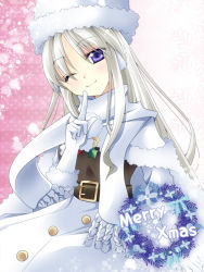 Rule 34 | 1girl, ;), azur lane, belt, belt buckle, black belt, black shirt, buckle, buttons, cape, christmas, closed mouth, earmuffs, english text, enterprise (azur lane), enterprise (reindeer master) (azur lane), eyebrows, eyes visible through hair, finger to mouth, fur hat, fur trim, gloves, hair between eyes, hat, head tilt, high-waist skirt, index finger raised, leaf, long hair, looking at viewer, merry christmas, minase rui, multicolored background, one eye closed, pom pom (clothes), purple eyes, scarf, shirt, sidelocks, silver hair, skirt, smile, snowflakes, solo, star (symbol), straight hair, text focus, ushanka, white cape, white gloves, white hat, white scarf, white skirt, white theme, winter clothes, wreath