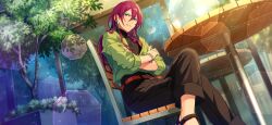 Rule 34 | 1boy, belt, black pants, black shirt, blue eyes, bracelet, chair, crossed arms, crossed legs, cup, drinking glass, drinking straw, earrings, ensemble stars!, hair between eyes, happy elements, jewelry, layered clothes, long hair, male focus, nail polish, necklace, official art, on chair, open mouth, pants, plant, purple hair, saegusa ibara, shirt, sitting, sleeveless, sleeveless turtleneck, solo, table, third-party source, turtleneck, wig