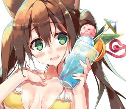 Rule 34 | 1girl, :d, animal ears, bare arms, bare shoulders, bikini, breasts, cat ears, cocktail umbrella, collarbone, commentary request, crazy straw, cup, dot nose, drinking glass, drinking straw, fang, food, fruit, glass, green eyes, hair between eyes, hand on own chest, hands up, highres, hisaka hazara, holding, holding cup, holding drinking glass, ice cream, ice cream float, long hair, open mouth, orange (fruit), orange slice, original, pink lips, simple background, small breasts, smile, solo, sweat, swimsuit, teeth, twintails, upper body, white background, yellow bikini
