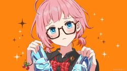 Rule 34 | 1girl, ahoge, asahina akane (nijisanji), black shirt, blue eyes, bow, bowtie, cinderella (vocaloid), commentary request, glasses, highres, holding, holding shoes, looking at viewer, mugimugigo, nijisanji, official art, orange background, pink hair, red bow, red bowtie, shirt, shoes, short hair, solo, tears, virtual youtuber, vocaloid, wing collar