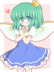 Rule 34 | 1girl, blush, bow, daiyousei, diary, dress, green eyes, green hair, hair bow, hair ribbon, heart, long hair, matching hair/eyes, ribbon, ry (yagoyago), side ponytail, simple background, smile, solo, touhou, wings