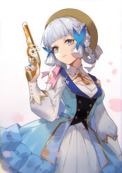 Rule 34 | 1girl, absurdres, antique firearm, ayaka (genshin impact), blue dress, blue eyes, brown hat, commentary request, cowboy shot, dress, firearm, firelock, flintlock, genshin impact, grey hair, gun, handgun, hat, head tilt, highres, holding, holding gun, holding weapon, kamisato ayaka, kamisato ayaka (springbloom missive), long sleeves, official alternate costume, parted lips, short hair, solo, standing, weapon, white background, woodylixx