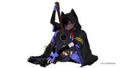 Rule 34 | 1boy, acoustic guitar, alternate costume, animal hood, arm up, bandaged arm, bandages, black footwear, black hair, black jacket, black nails, black pantyhose, black shirt, black shorts, black sleeves, blue eyes, blue gloves, boots, cat hood, copyright notice, cross-laced footwear, ear piercing, eyeshadow, fingerless gloves, fishnet top, fishnets, full body, gauze, gloves, guitar, hair between eyes, hair ornament, hairclip, highres, holostars, hood, hood up, hooded jacket, hugging object, instrument, jacket, kanade izuru, knee pads, knee up, lace-up boots, layered sleeves, lightning bolt, lightning bolt hair ornament, lightning bolt symbol, long sleeves, looking at viewer, makeup, male focus, official art, padded jacket, pantyhose, piercing, pouch, purple eyes, purple eyeshadow, shirt, short hair, short over long sleeves, short shorts, short sleeves, shorts, simple background, single knee pad, sitting, slit pupils, smile, solo, thigh pouch, torn clothes, torn pantyhose, two-sided fabric, two-sided jacket, unrefle, virtual youtuber, white background