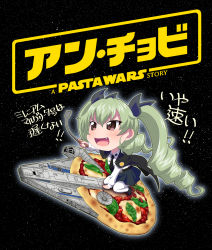 Rule 34 | 10s, 1girl, anchovy (girls und panzer), artist request, blush, breasts, chibi, drill hair, female focus, food, girls und panzer, happy, highres, long hair, millenium falcon, ooarai school uniform, open mouth, parody, pizza, school uniform, sitting, skirt, smile, solo, space, spaceship, standing, star wars, translation request, twintails