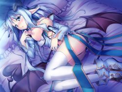 Rule 34 | 1girl, :o, bed, blue eyes, blue hair, blush, breasts, breasts out, demon tail, demon wings, erect!, game cg, horns, long hair, lunastia asteel, lying, matching hair/eyes, nipples, on bed, open mouth, piromizu, pointy ears, solo, tail, thighhighs, white thighhighs, wings