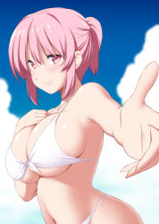 Rule 34 | 1girl, alternate hairstyle, bikini, blue sky, breasts, closed mouth, cloud, commentary request, day, eyes visible through hair, large breasts, looking at viewer, nori tamago, pink eyes, pink hair, saigyouji yuyuko, short hair, sky, smile, solo, swimsuit, touhou, white bikini