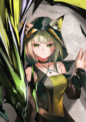 Rule 34 | 1girl, absurdres, animal ear fluff, animal ears, ao oni (onioni-aoi), arknights, bare shoulders, black coat, black collar, cat ears, cat girl, coat, collar, collarbone, commentary request, dress, ears through hood, green eyes, green hair, halter dress, halterneck, highres, hood, hood up, hooded coat, kal&#039;tsit (arknights), long hair, long sleeves, material growth, mon3tr (arknights), official alternate costume, oripathy lesion (arknights), parted lips, solo, uneven eyes, upper body, yellow dress