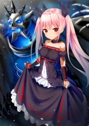 Rule 34 | 1girl, bare shoulders, black dress, black ribbon, blue fire, blush, breasts, choker, closed mouth, collarbone, commentary request, detached sleeves, dress, fire, hair between eyes, hair ribbon, head tilt, kurotobi rarumu, long hair, looking at viewer, original, pink hair, puffy short sleeves, puffy sleeves, red eyes, ribbon, short sleeves, skeleton, skirt hold, sleeveless, sleeveless dress, small breasts, smile, solo, strapless, strapless dress, twintails, wrist cuffs