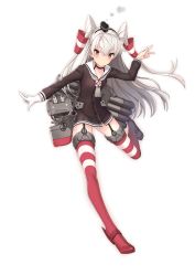 Rule 34 | 10s, 1girl, amatsukaze (kancolle), brown eyes, dress, garter straps, gloves, highres, kantai collection, long hair, looking at viewer, personification, red thighhighs, rensouhou-kun, sailor dress, school uniform, serafuku, short dress, silver hair, simple background, single glove, striped clothes, striped thighhighs, thighhighs, twintails, two side up, yilan, zettai ryouiki