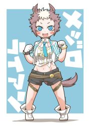 Rule 34 | 1girl, animal ears, baseball jersey, belt, black belt, black shorts, blue background, blue eyes, blue necktie, blush stickers, boots, brown hair, character name, chibi, clenched hand, collared shirt, commentary request, cropped jacket, ear piercing, front-tie top, gloves, groin, halterneck, horse ears, horse girl, horse tail, jersey, looking at viewer, mejiro ryan (umamusume), midriff, multicolored hair, navel, necktie, open mouth, outside border, partial commentary, piercing, shirt, short hair, short shorts, short sleeves, shorts, smile, solo, standing, tail, text background, thigh strap, translated, twitter username, two-tone hair, umamusume, white footwear, white gloves, white hair, wing collar, zannen na hito