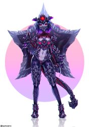 Rule 34 | 1girl, absurdres, black hair, black sclera, colored sclera, contrapposto, full body, gradient hair, highres, looking at viewer, mask, monster girl, mouth mask, multicolored hair, navel, personification, phantasy star, phantasy star online 2, purple hair, red eyes, reflection, samael (5211), short hair, solo, standing, tail, two-tone hair