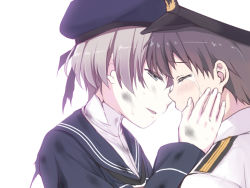 Rule 34 | 10s, 1boy, 1girl, admiral (kancolle), beret, black hair, blue eyes, blush, brown hair, chika (toumei kousoku), closed eyes, crying, hat, kantai collection, little boy admiral (kancolle), sailor collar, sailor hat, short hair, simple background, tears, torn clothes, white background, z1 leberecht maass (kancolle)