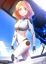Rule 34 | 1girl, arms at sides, blue sky, brown hair, covered navel, day, from side, glowing, highres, legs apart, looking at viewer, medium hair, neon trim, original, outdoors, parted bangs, pilot suit, pink eyes, plugsuit, skin tight, sky, smile, solo, standing, thighs, tsukimaru, wavy hair