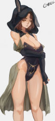 Rule 34 | 1girl, animal ears, artist name, bare shoulders, black cloak, breasts, bridal gauntlets, brown hair, cleavage, cloak, closed mouth, commentary, elden ring, english commentary, facial tattoo, fake animal ears, gelldraws, grey background, highres, hood, hood up, hooded cloak, large breasts, leotard, looking at viewer, melina (elden ring), one-eyed, one eye closed, playboy bunny, rabbit ears, short hair, simple background, sleeveless, solo, strapless, strapless leotard, tattoo, yellow eyes