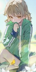 Rule 34 | 1girl, absurdres, alternate costume, blush, covering own mouth, earrings, green eyes, green hair, green shorts, green sweater, green track suit, highres, idolmaster, idolmaster cinderella girls, jacket, jewelry, lens flare, light blush, looking at viewer, morikubo nono, ningen mame, shirt, shoes, shorts, solo, sweatdrop, sweater, track jacket, track suit, white shirt