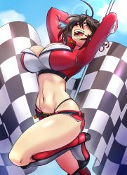 Rule 34 | 1girl, arms up, black hair, boots, breasts, brown eyes, checkered flag, day, flag, highres, holding, holding flag, kawa-v, large breasts, looking at viewer, one eye closed, original, race queen, short hair, shorts, smile, solo
