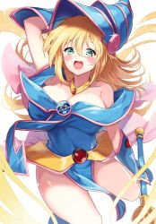 Rule 34 | 1girl, bare shoulders, blonde hair, blue hat, blue shirt, blush stickers, bracer, breasts, brooch, cleavage, collarbone, commentary request, cowboy shot, dark magician girl, detached collar, duel monster, green eyes, hair between eyes, hand up, hat, highres, holding, holding staff, igayan, jewelry, large breasts, looking at viewer, miniskirt, off-shoulder shirt, off shoulder, open mouth, pentagram, pink skirt, shirt, sidelocks, skirt, smile, solo, staff, standing, thighs, white background, wizard hat, yu-gi-oh!, yu-gi-oh! duel monsters