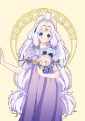 Rule 34 | 1girl, blue bow, blue eyes, bow, character doll, closed mouth, doll, dress, forehead jewel, halo, headphones, holding, holding doll, janis (pripara), long hair, looking to the side, nightgown, pretty series, pripara, purple dress, purple eyes, purple hair, smile, solo, standing, very long hair, yellow bow, yu (prpyuu)