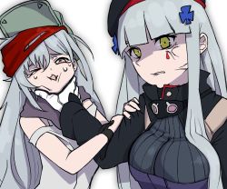Rule 34 | 2girls, anger vein, bad id, bad twitter id, beret, blunt bangs, breasts, brown eyes, closed mouth, clothing cutout, face hold, facial mark, g11 (girls&#039; frontline), girls&#039; frontline, gloves, green eyes, hair between eyes, hair ornament, hands on another&#039;s arm, hat, hk416 (girls&#039; frontline), holding, long hair, looking at viewer, medium breasts, multiple girls, one eye closed, open mouth, parted lips, scarf, sd bigpie, shaded face, shirt, shoulder cutout, silver hair, sweat, teardrop, tearing up, very long hair