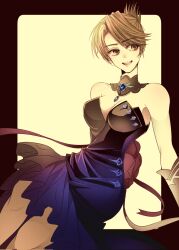 Rule 34 | 1girl, black border, blonde hair, border, breasts, brown eyes, cleavage, collar, commentary request, dress, earrings, fullmetal alchemist, gradient dress, hair bun, hana 930, highres, jewelry, open mouth, riza hawkeye, sitting, smile, solo, strapless, strapless dress, swept bangs, teeth, upper teeth only