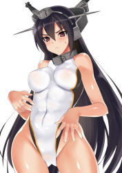 Rule 34 | 10s, 1girl, :&lt;, bare shoulders, black hair, blush, breasts, collar, competition swimsuit, female focus, groin, highleg, highleg swimsuit, hip focus, kantai collection, kyogoku shin, large breasts, leotard, long hair, mecha musume, nagato (kancolle), name connection, one-piece swimsuit, personification, red eyes, simple background, solo, standing, sweatdrop, swimsuit, very long hair, white background