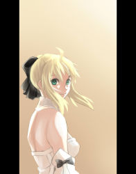 Rule 34 | 1girl, ahoge, artoria pendragon (fate), bare shoulders, black ribbon, blonde hair, breasts, detached sleeves, fate/stay night, fate/unlimited codes, fate (series), fork (357022), green eyes, highres, pillarboxed, ribbon, saber (fate), saber lily, sideboob, simple background, smile, solo, type-moon