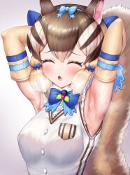 Rule 34 | 1girl, animal ears, armpits, belt, blush, brown hair, chipmunk ears, chipmunk girl, chipmunk tail, elbow gloves, extra ears, gloves, grey background, highres, kemono friends, kemono friends v project, looking at viewer, microphone, neukkom, ribbon, shirt, short hair, siberian chipmunk (kemono friends), simple background, solo, sweat, tail, vest, virtual youtuber