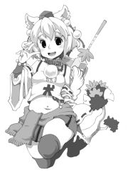 Rule 34 | 1girl, animal ears, blush, bracelet, collar, detached sleeves, greyscale, hat, inubashiri momiji, jewelry, looking at viewer, midriff, miniskirt, monochrome, navel, navel piercing, open mouth, piercing, ring, scarf, shield, short hair, skirt, smile, solo, sword, tail, thighhighs, tokin hat, touhou, uni mate, v, weapon, wolf ears, wolf tail
