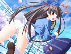 Rule 34 | 1girl, ass, bag, bent over, black hair, cherry blossoms, clothes lift, cloud, day, game cg, iinchou (princess witches), kannagi rei, long hair, looking back, open mouth, panties, princess witches, school, school bag, school uniform, side ponytail, skirt, skirt lift, sky, solo, tears, underwear, upskirt, white panties