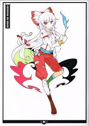 Rule 34 | 1girl, adapted costume, albino, alternate costume, belt, blue fire, boots, bow, character name, fire, fujiwara no mokou, full body, hair bow, hair ornament, hair ribbon, highres, ideolo, jewelry, kunreishiki, long hair, long sleeves, looking at viewer, pants, puffy sleeves, red eyes, ribbon, ring, romaji text, scan, smile, solo, touhou, white background, white hair