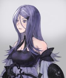 Rule 34 | 1girl, bare shoulders, breasts, cleavage, commentary request, detached sleeves, drag-on dragoon, drag-on dragoon 3, dress, eyelashes, facial mark, forehead mark, gradient background, grey background, highres, long hair, medium breasts, parted lips, purple dress, purple eyes, purple hair, simple background, sleeveless, sleeveless dress, smile, solo, teeth, three (drag-on dragoon), tricoliet, upper body, weapon