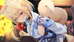 Rule 34 | 1girl, animal ear fluff, aobara hairi, bench, black collar, blonde hair, blue hair, blue kimono, blush, breasts, candy apple, collar, detached sleeves, dog girl, dog tail, floral print kimono, food, fuwawa abyssgard, fuwawa abyssgard (new year), highres, holding, holding stick, hololive, hololive english, japanese clothes, kimono, large breasts, long hair, official alternate costume, pink eyes, ponytail, sideboob, sleeveless, sleeveless kimono, smile, solo, spiked collar, spikes, stick, tail, tongue, tongue out, virtual youtuber, wooden bench