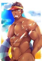 Rule 34 | 1boy, abs, bara, beach, blush, completely nude, crow (siranui), dark-skinned male, dark skin, facial hair, goatee, groin, hand on own ass, hat, highres, innertube, large pectorals, looking at viewer, male focus, male pubic hair, mature male, muscular, muscular male, navel, nipples, nude, original, out-of-frame censoring, pectorals, pubic hair, pubic hair peek, sand, short hair, sideburns, solo, stomach, sun, sunlight, swim ring, wet