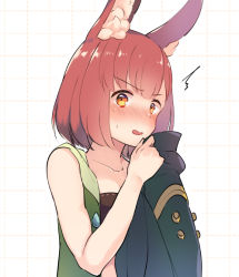 Rule 34 | 1girl, animal ear fluff, animal ears, bare arms, bare shoulders, blush, breasts, calm mashiro, caught, etrian odyssey, hound (sekaiju), looking at viewer, nose blush, rabbit ears, red hair, sekaiju no meikyuu, sekaiju no meikyuu 5, short hair, small breasts, smelling, smelling clothes, solo, white background, yellow eyes