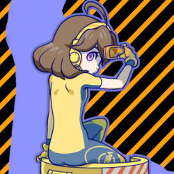 Rule 34 | 05 (artist), 1girl, ahoge, arms (game), ass, back, back focus, bad id, bad pixiv id, blue bodysuit, bodysuit, brown hair, eyebrows, eyelashes, fingerless gloves, flat ass, flat chest, from behind, gloves, goggles, goggles on head, hair between eyes, headset, holding, holding goggles, looking back, lowres, mechanica (arms), multicolored background, multicolored bodysuit, multicolored clothes, outline, pink eyes, purple outline, short hair, short sleeves, sitting, skin tight, solo, striped, striped background, tareme, yellow bodysuit, yellow gloves