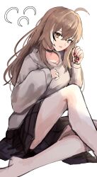Rule 34 | 1girl, ahoge, bare legs, barefoot, berry, black choker, brown eyes, brown hair, brown hoodie, brown skirt, choker, crossed bangs, earrings, food-themed earrings, foot out of frame, han ma53, highres, hololive, hololive english, hood, hoodie, jewelry, knee up, legs, long hair, looking at viewer, multicolored hair, nanashi mumei, nanashi mumei (casual), official alternate costume, open mouth, oversized clothes, plaid, plaid skirt, pleated skirt, puffy sleeves, skirt, sleeves past wrists, streaked hair, virtual youtuber