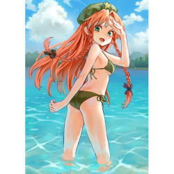 Rule 34 | 1girl, ama-tou, ass, back, bikini, blush, bow, braid, breasts, cloud, day, green bikini, green eyes, hair bow, hair ornament, halterneck, hand on forehead, hat, hong meiling, long hair, looking back, medium breasts, open mouth, outdoors, red hair, side-tie bikini bottom, sky, smile, solo, standing, standing on liquid, star (symbol), string bikini, swimsuit, touhou, twin braids, wading, water
